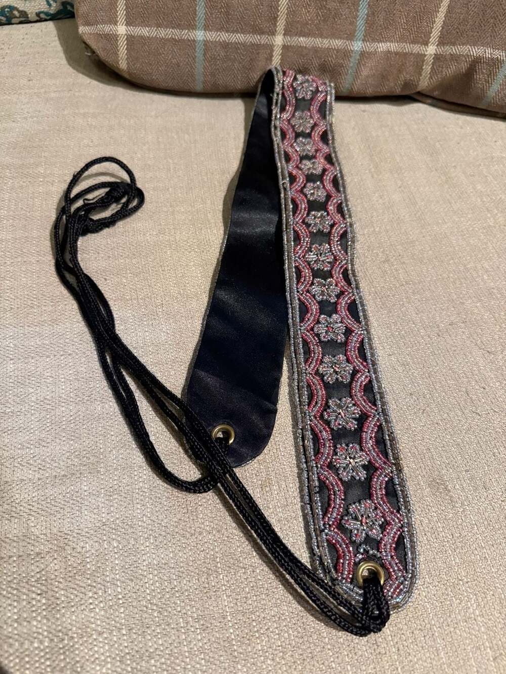 Vintage Beaded Strap with Black Satin Backing and Adjustable Cord